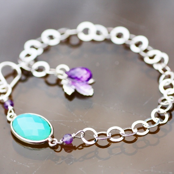 Natural Teal Chalcedony Amethyst Bracelet with Leaf Charm Solid Sterling Silver - Picture 2 of 7